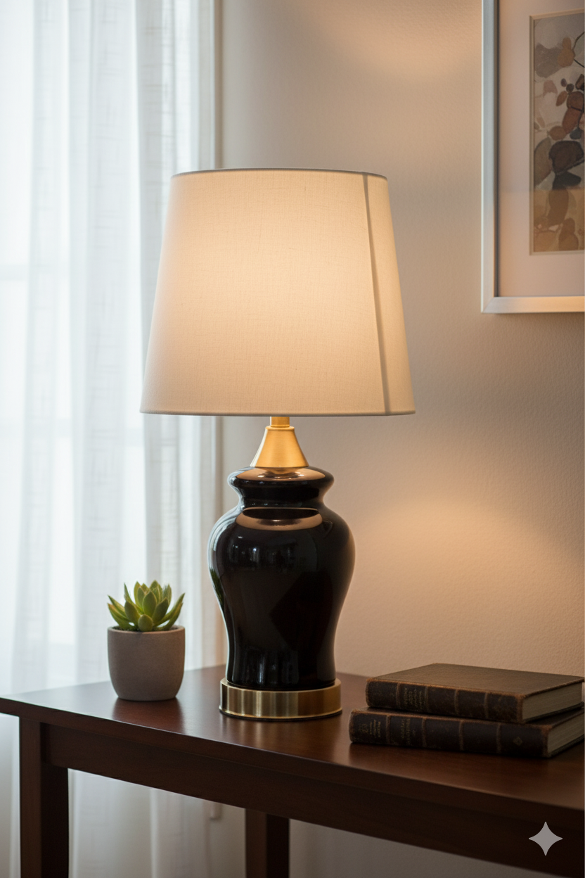 Elegant High-Gloss Black Ginger Jar Lamp with Polished Brass Plinth and Cream Shade (Pair)