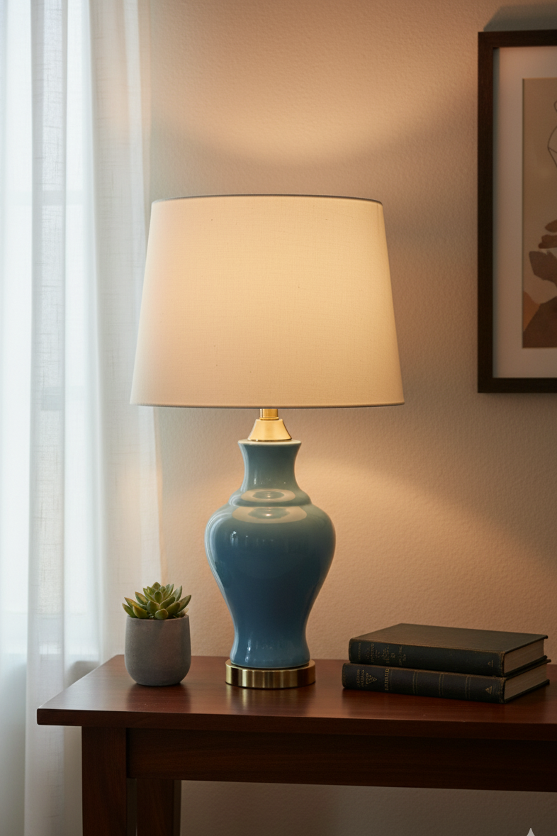 Coastal Blue Ceramic Ginger Jar Lamp Base with Glossy Finish and Brass Accents (Pair)