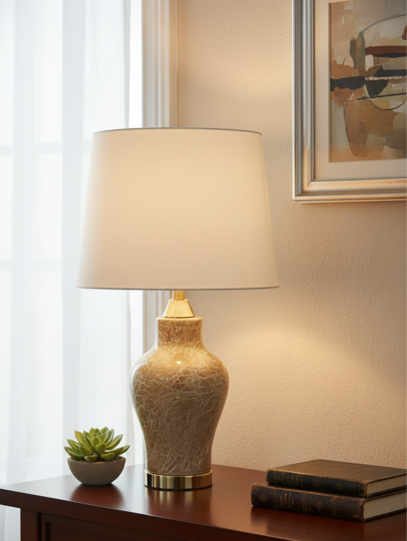 Tall Tapered Ceramic Lamp Base with Warm Gold Crackle Glaze and Brass Plinth (Pair)