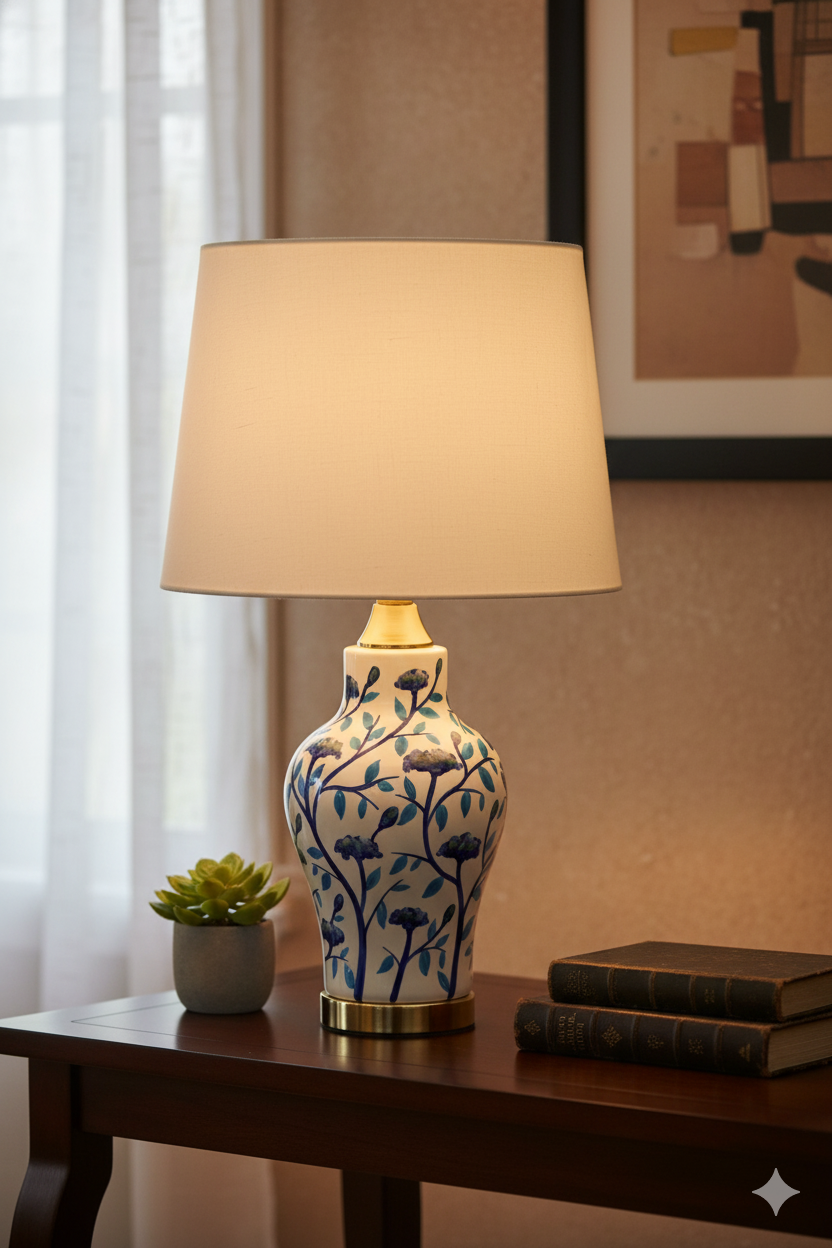 Hand-Painted Chinoiserie Floral Urn Table Lamp with Blue and White Design and Gold Base (Pair)