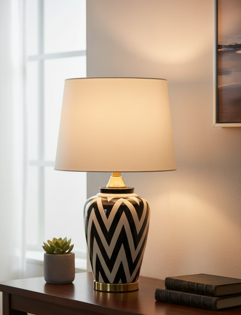 Hollywood Regency Black & White Chevron Stripe Urn Table Lamp Base with Polished Brass Accents (Pair)