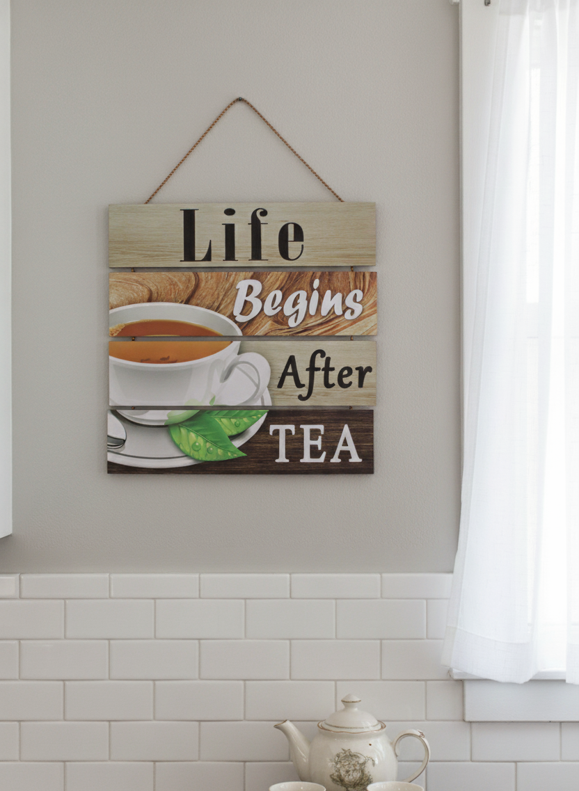 "Life Begins After CHAI" Slat Wooden Wall Sign for Kitchen & Tea Corner