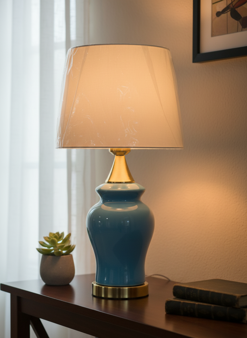 Mid-Century Modern Glazed Teal Blue Ceramic Lamp Base with Polished Gold Finial & Base (Pair)