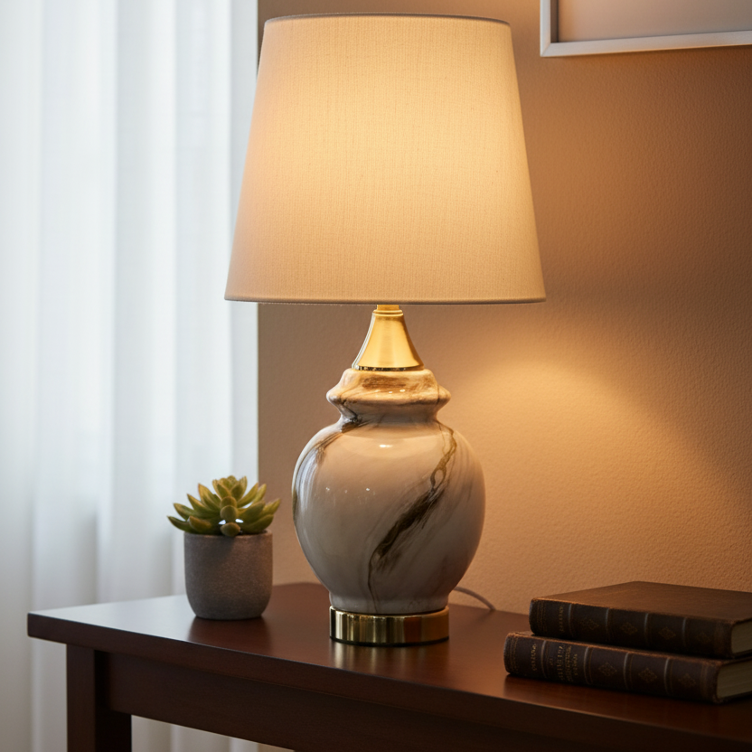 Luxury Marble-Look Ceramic Urn Lamp Base with Polished Brass Plinth and Finial (Pair)