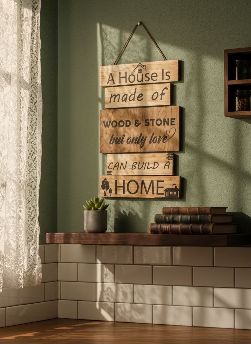 Wood Look "Love Builds a Home" Inspirational Hanging Slat Sign