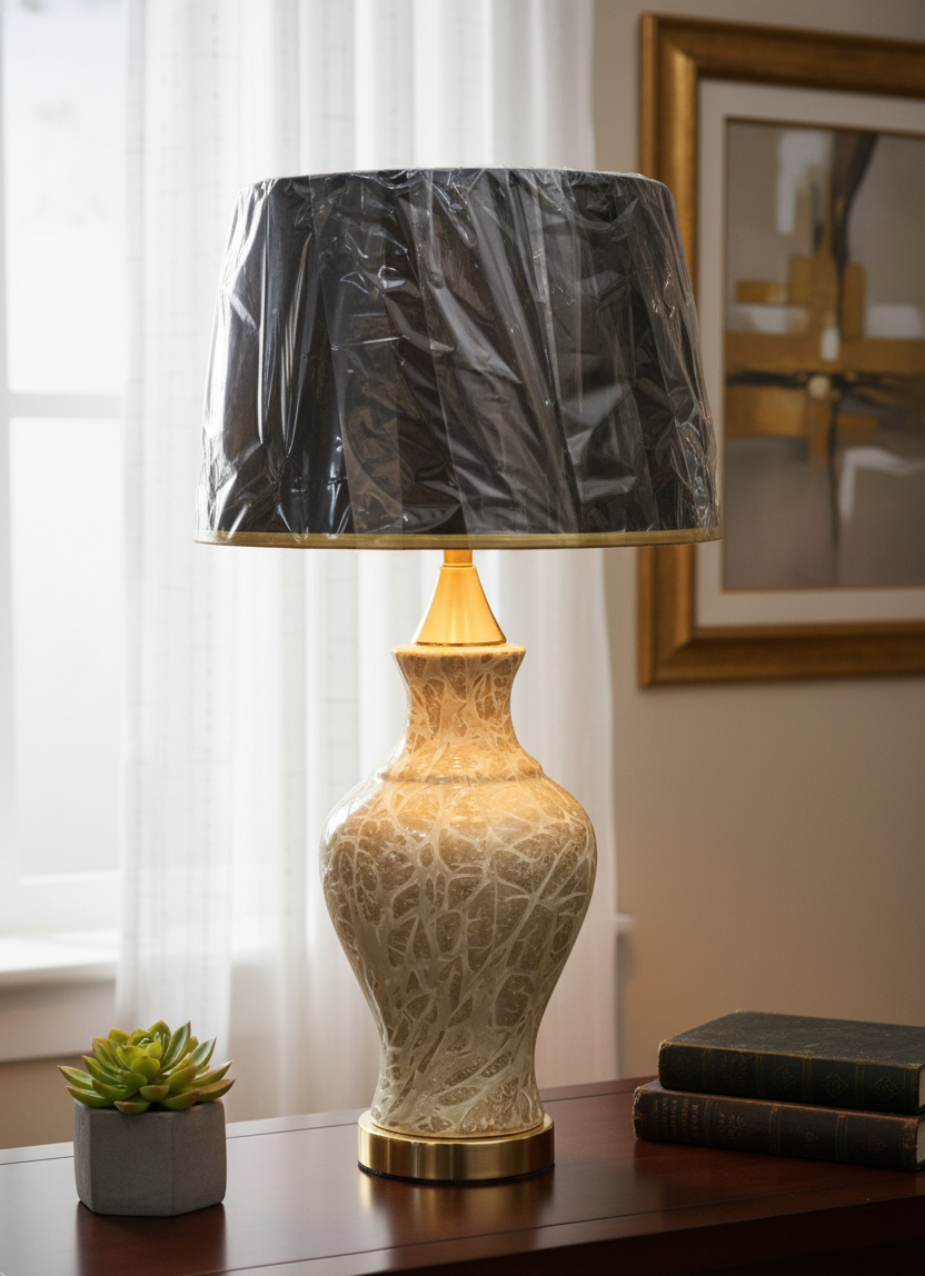 Art Deco Style Crackle Glaze Glass Lamp Base with Warm Gold Tones and Accents (Pair)