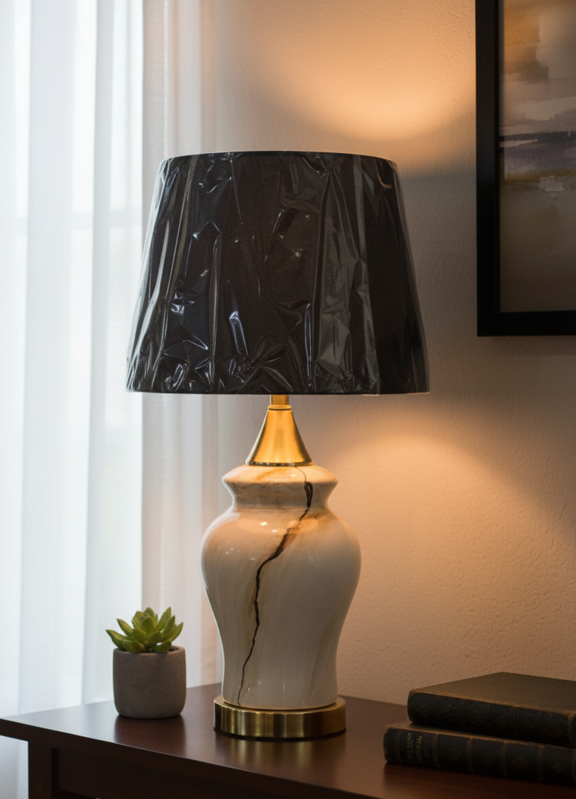 Artisan Marble-Look Ceramic Lamp Base with Vertical Brown Fissure and Gold Accents (Pair)