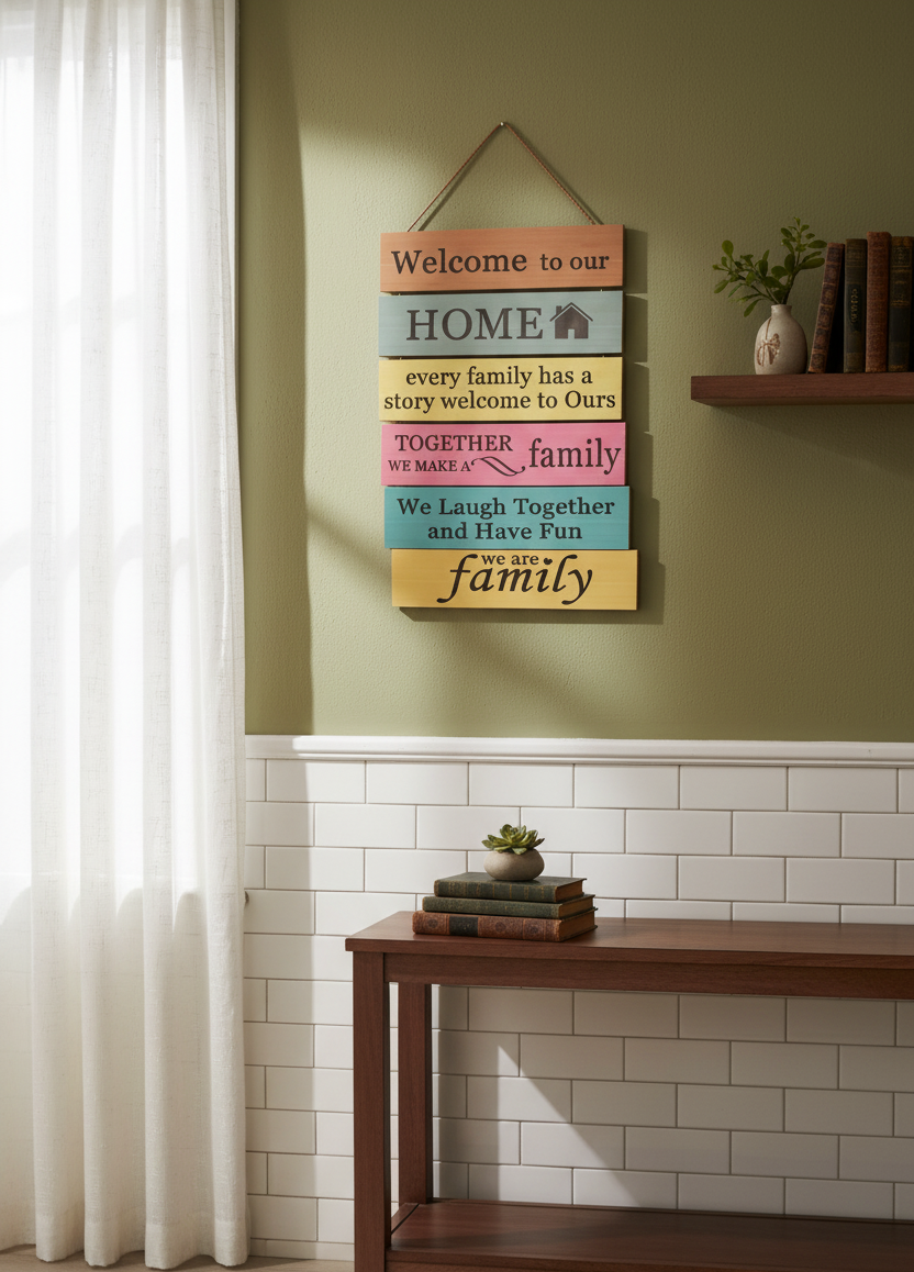 Welcome to Our Home Family Story Rules Multi-Color Hanging Slat Sign