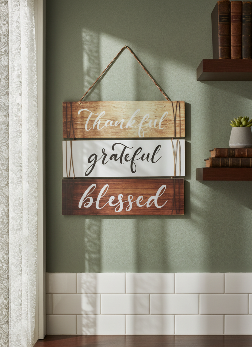 Thankful Grateful Blessed Wood-Look Hanging Wall Sign