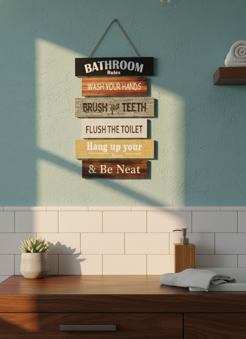 Bathroom Rules Hanging Slat Sign - Wash, Brush, Flush, and Be Neat Decor