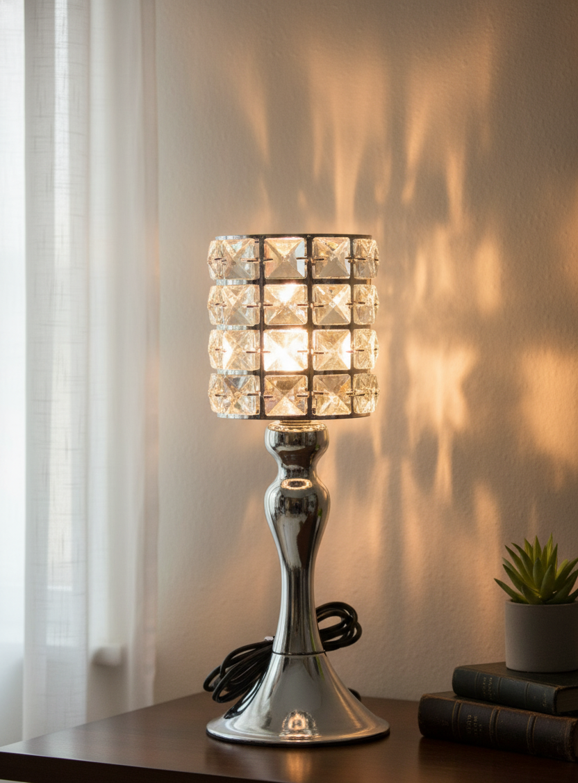 Modern Crystal-Style Cylindrical Table Lamp with Chrome Finish Base (Pair)