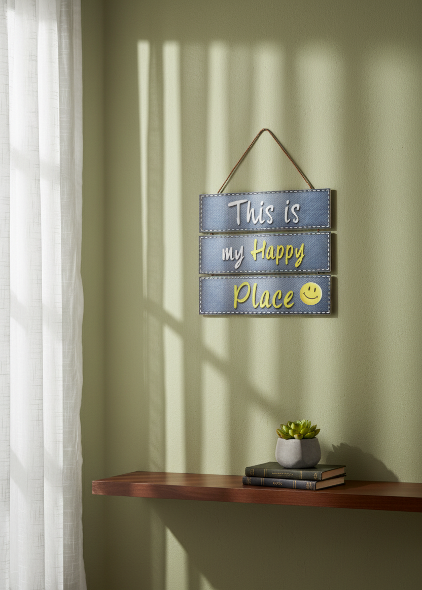 This is My Happy Place" Denim Texture Hanging Slat Sign with Smiley Face