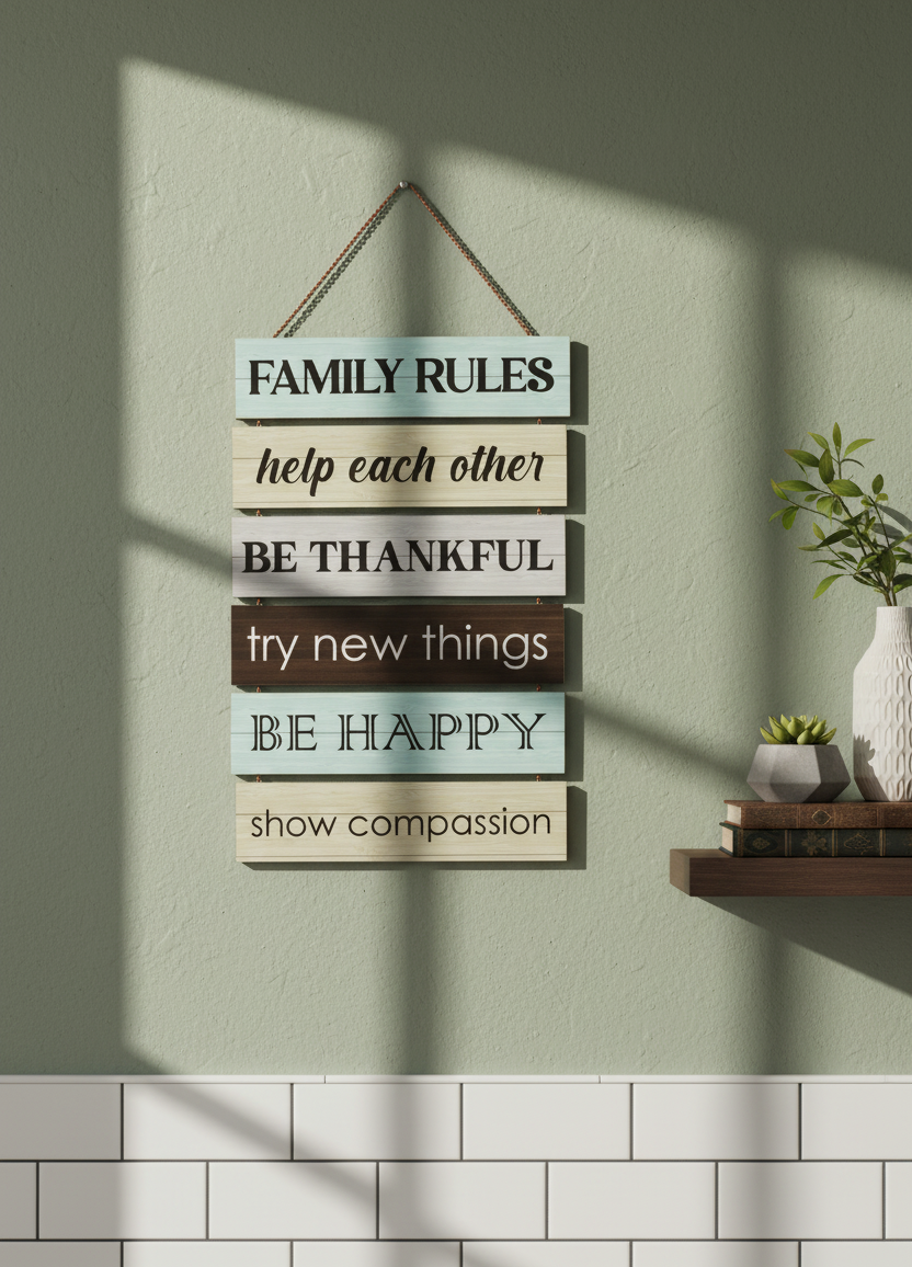 Farmhouse Family Rules Hanging Slat Sign - Thankful, Happy, Compassion Decor
