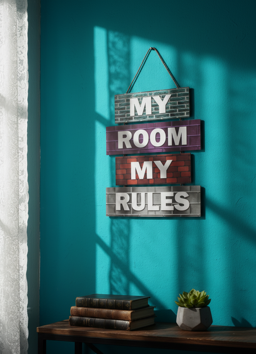 My Room My Rules" Brick Pattern Hanging Slat Sign