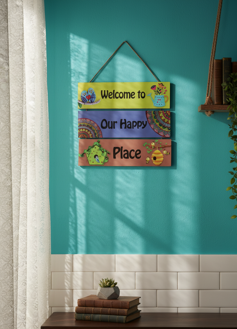 "Welcome to Our Happy Place" Colorful Slat Sign with Owls and Bees