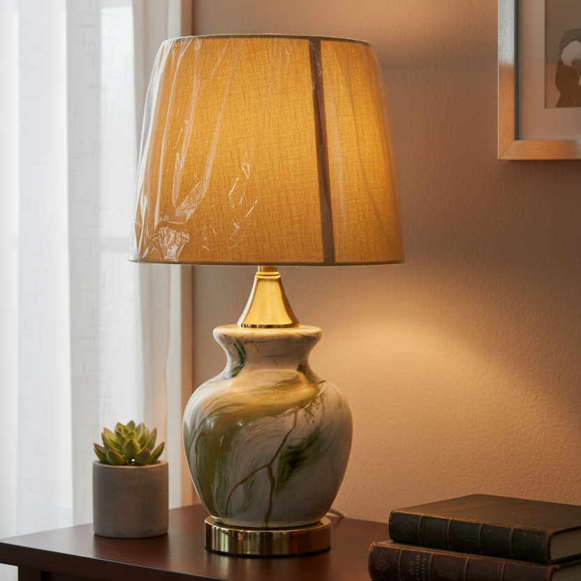 Designer Ceramic Urn Table Lamp Base with Swirling Green and Gold Agate/Marble Finish (Pair)