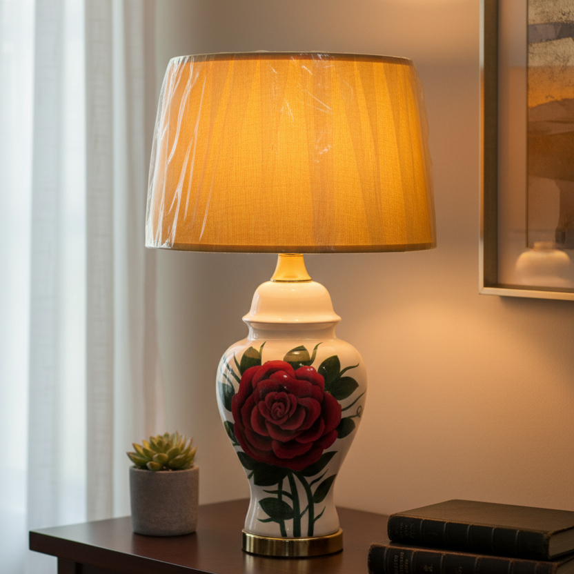 Ginger Jar Style Ceramic Lamp Base with Hand-Painted Red Rose Motif and Gold Accents (Pair)