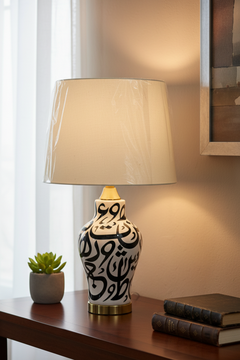 Elegant Black & White Ceramic Lamp Base with Gold Accents and Arabic Calligraphy (Pair)