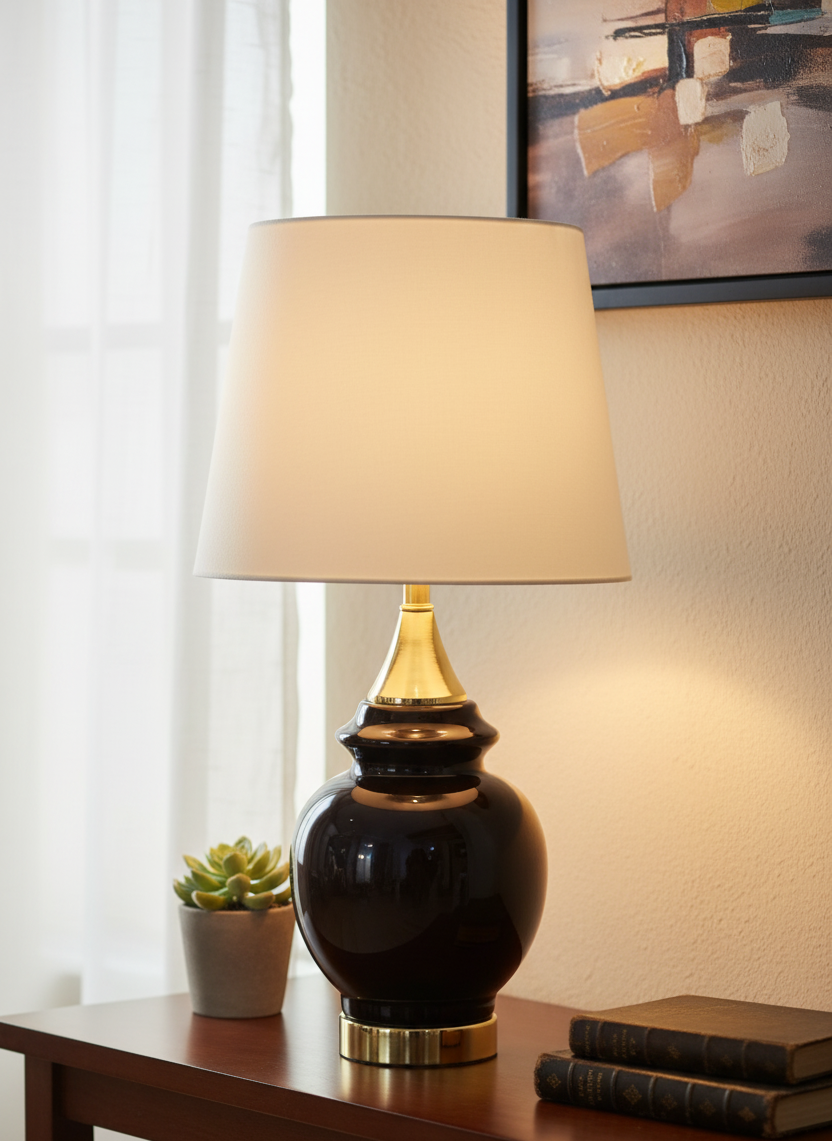 Classic Glossy Black Ceramic Ginger Jar Table Lamp with Brass Base and White Shade (Pair)