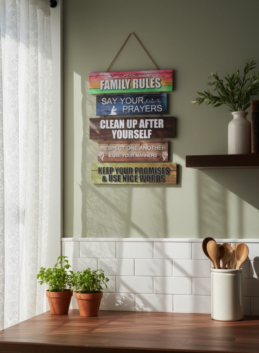 Family Rules Wall Hanging Sign - Prayers, Clean Up, Respect, & Promises