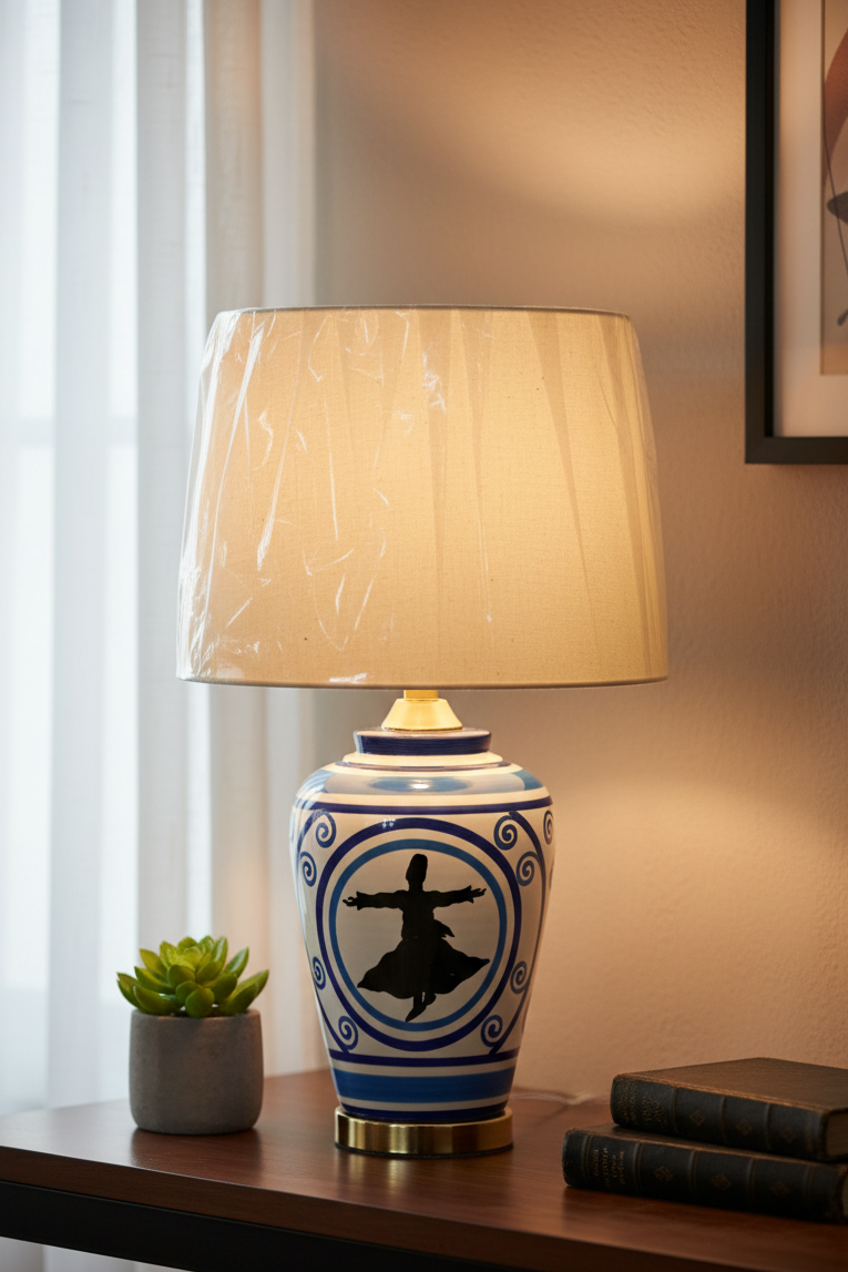 Turkish Iznik Style Ceramic Lamp Base with Whirling Dervish Motif - Blue, White, and Gold (Pair)