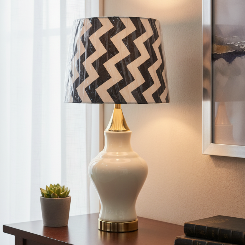 Classic Ivory Gloss Ceramic Table Lamp Base with Pleated Gold Finial & Accents (Pair)