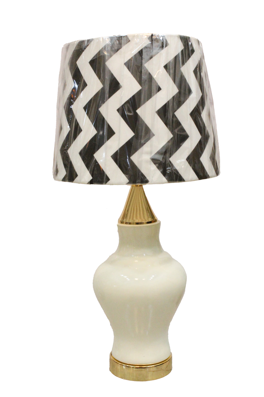 Classic Ivory Gloss Ceramic Table Lamp Base with Pleated Gold Finial & Accents (Pair)