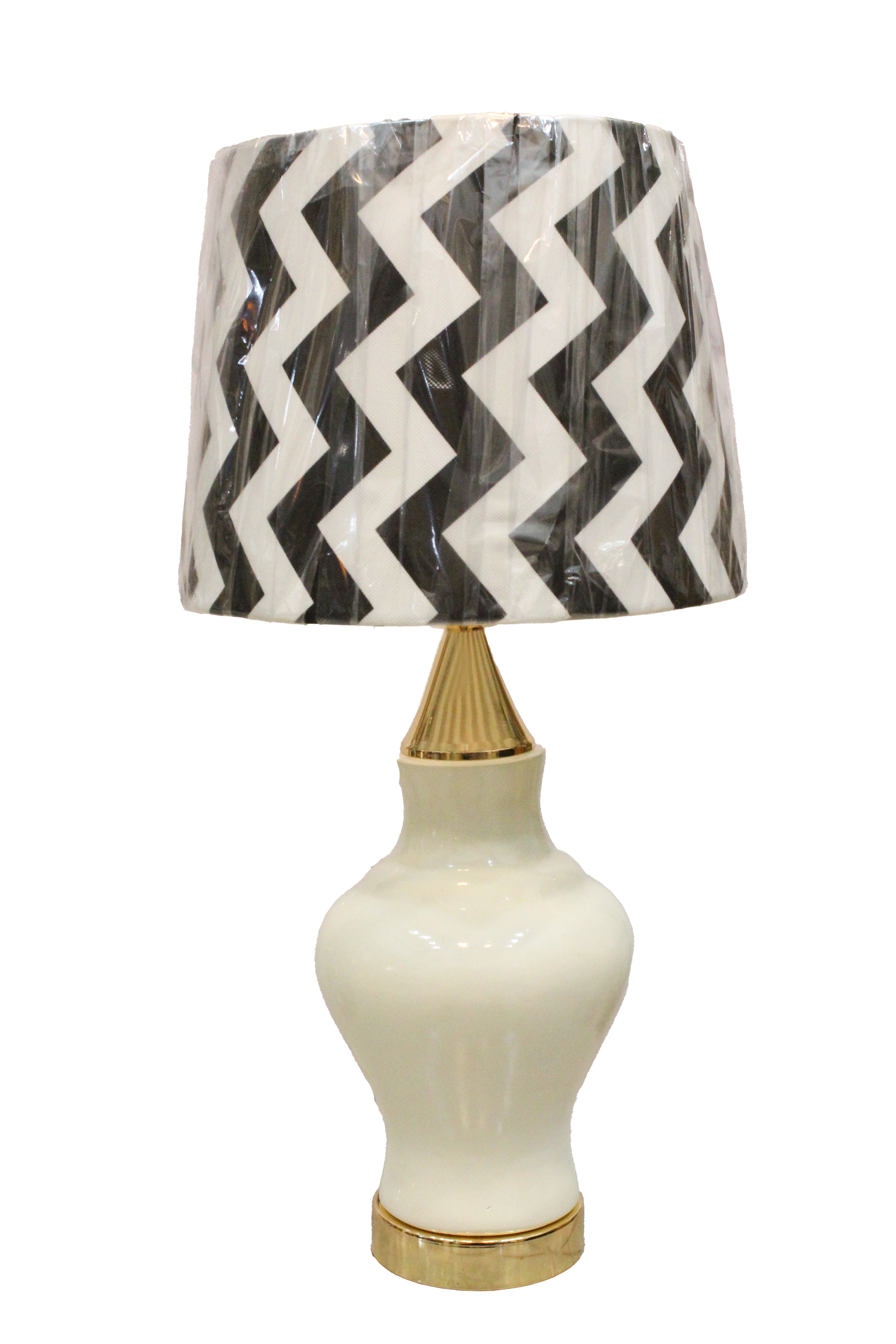 Classic Ivory Gloss Ceramic Table Lamp Base with Pleated Gold Finial & Accents (Pair)