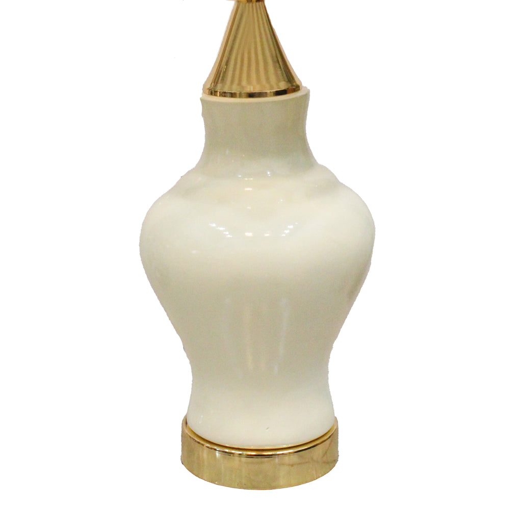 Classic Ivory Gloss Ceramic Table Lamp Base with Pleated Gold Finial & Accents (Pair)