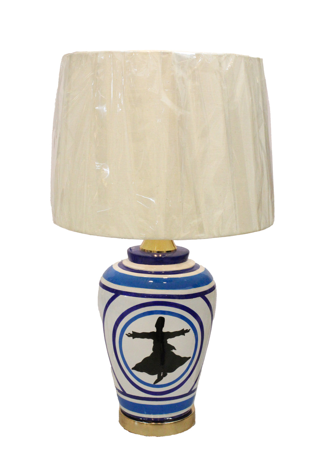 Turkish Iznik Style Ceramic Lamp Base with Whirling Dervish Motif - Blue, White, and Gold (Pair)