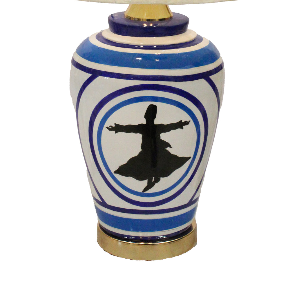 Turkish Iznik Style Ceramic Lamp Base with Whirling Dervish Motif - Blue, White, and Gold (Pair)