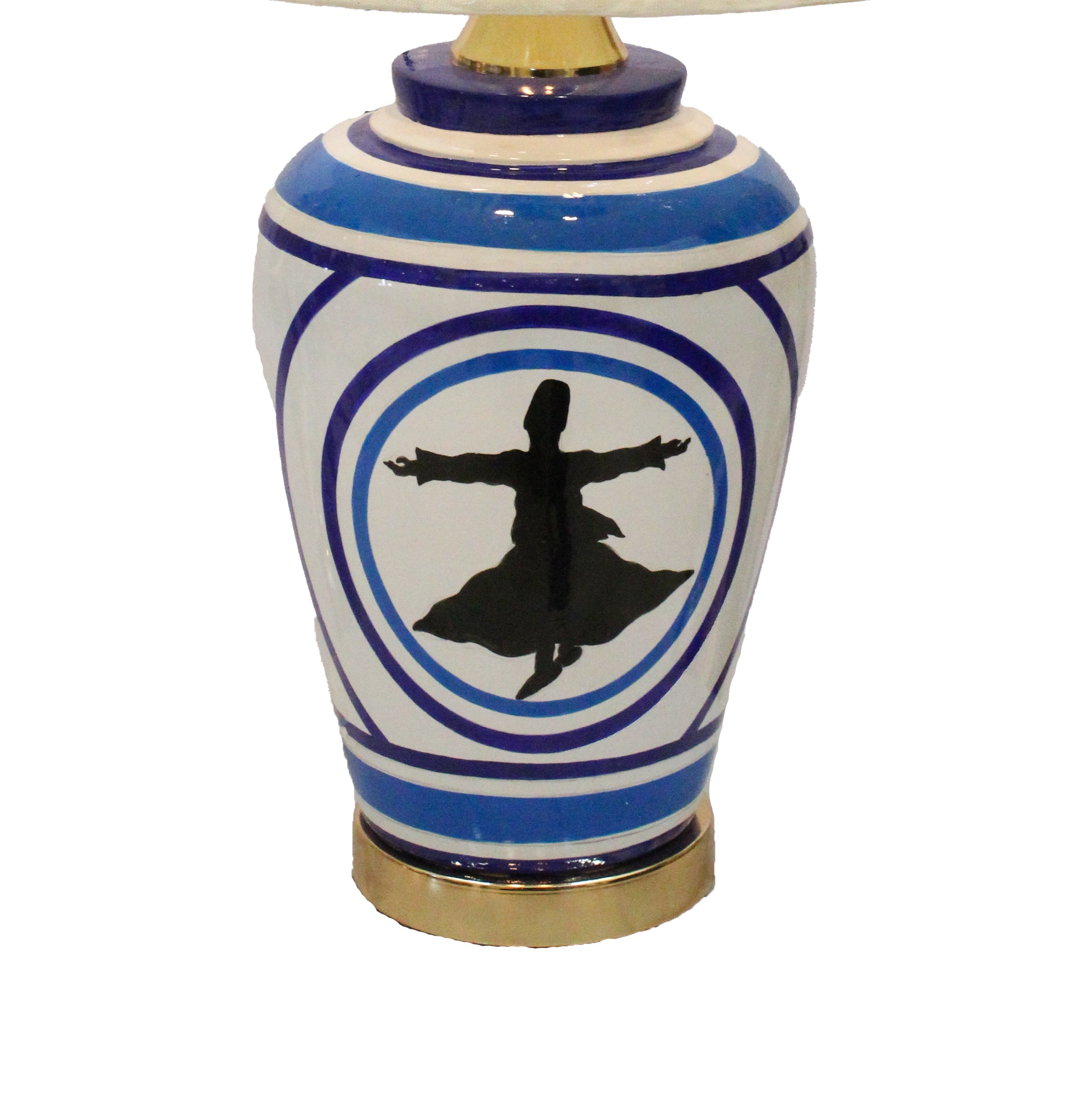 Turkish Iznik Style Ceramic Lamp Base with Whirling Dervish Motif - Blue, White, and Gold (Pair)