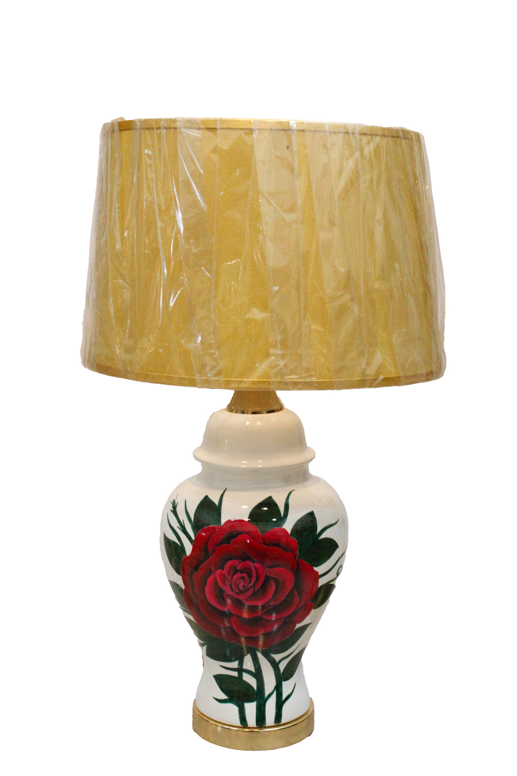 Ginger Jar Style Ceramic Lamp Base with Hand-Painted Red Rose Motif and Gold Accents (Pair)