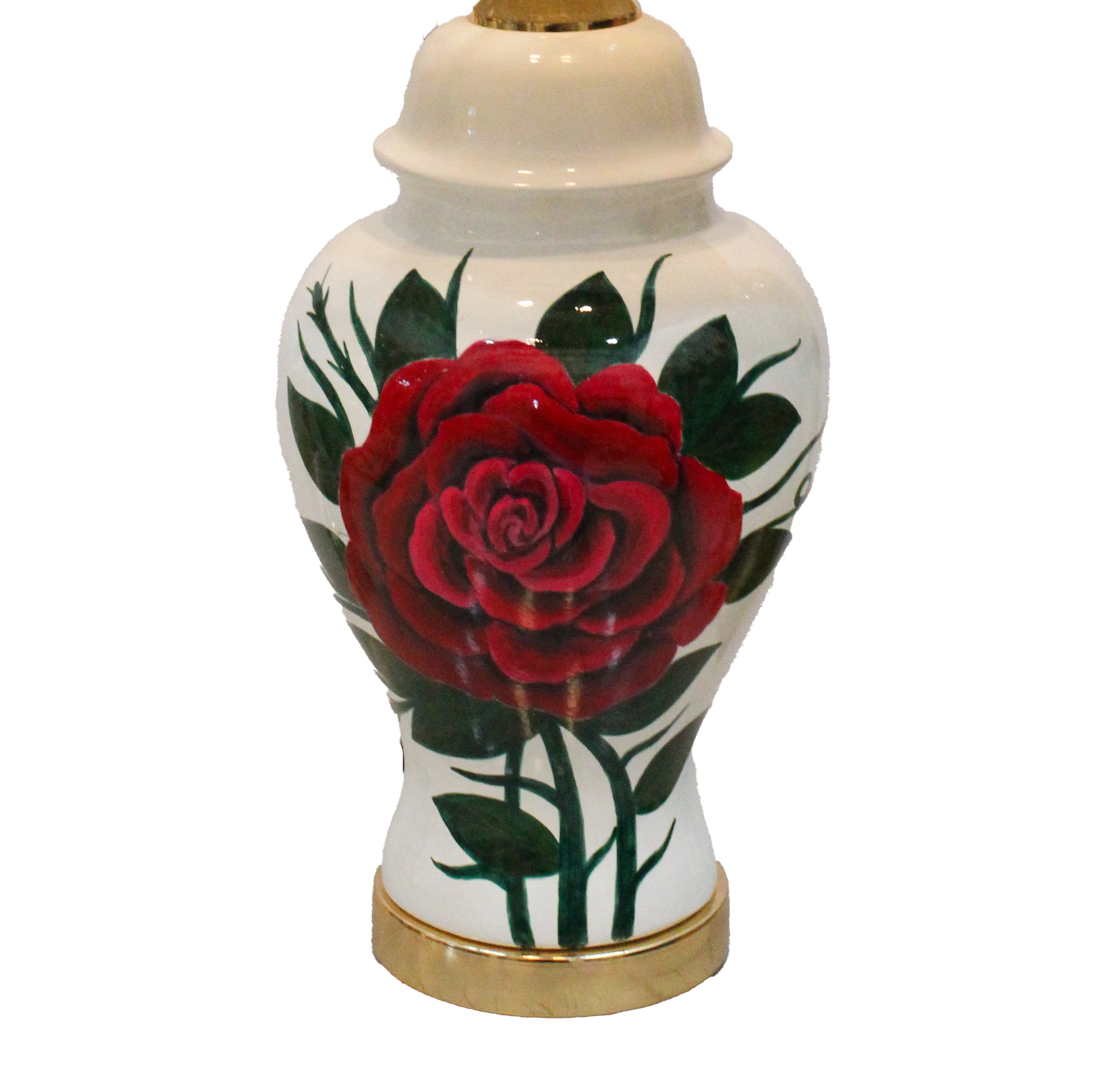 Ginger Jar Style Ceramic Lamp Base with Hand-Painted Red Rose Motif and Gold Accents (Pair)
