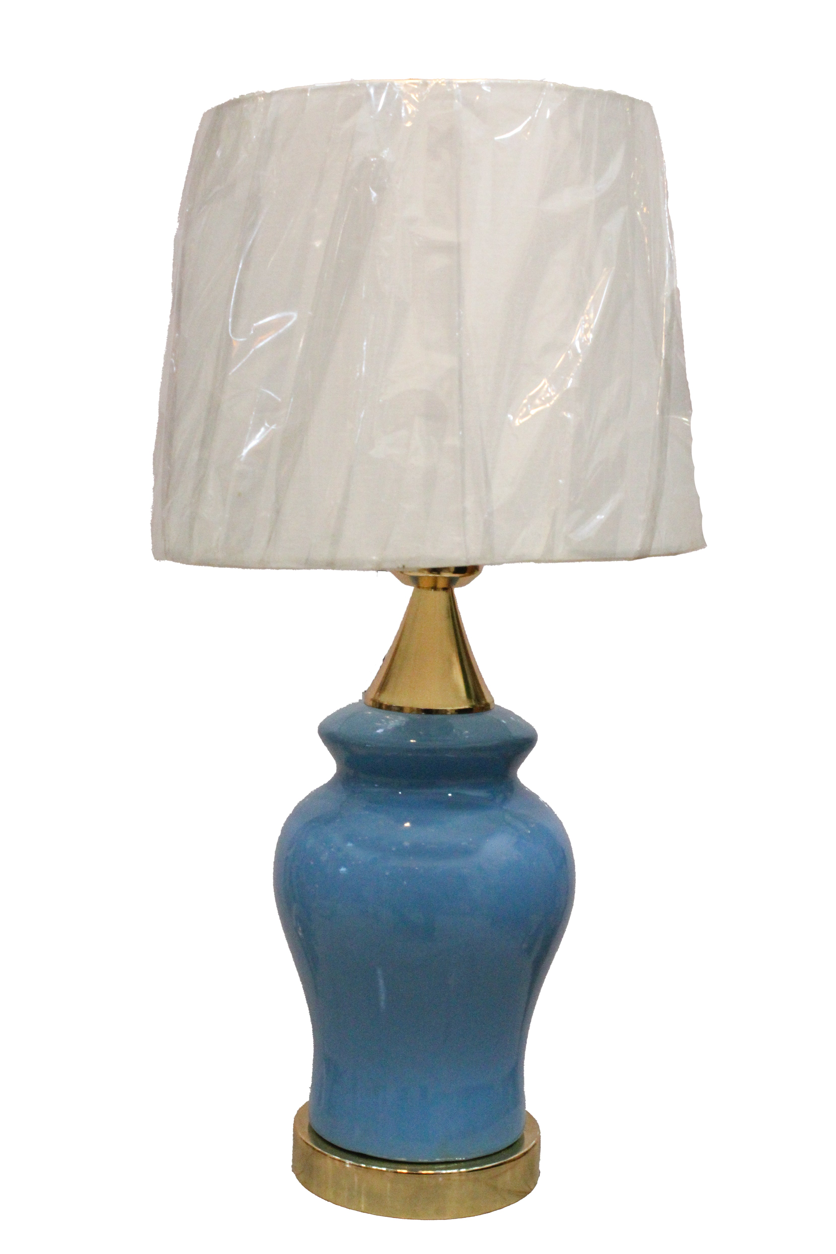 Mid-Century Modern Glazed Teal Blue Ceramic Lamp Base with Polished Gold Finial & Base (Pair)