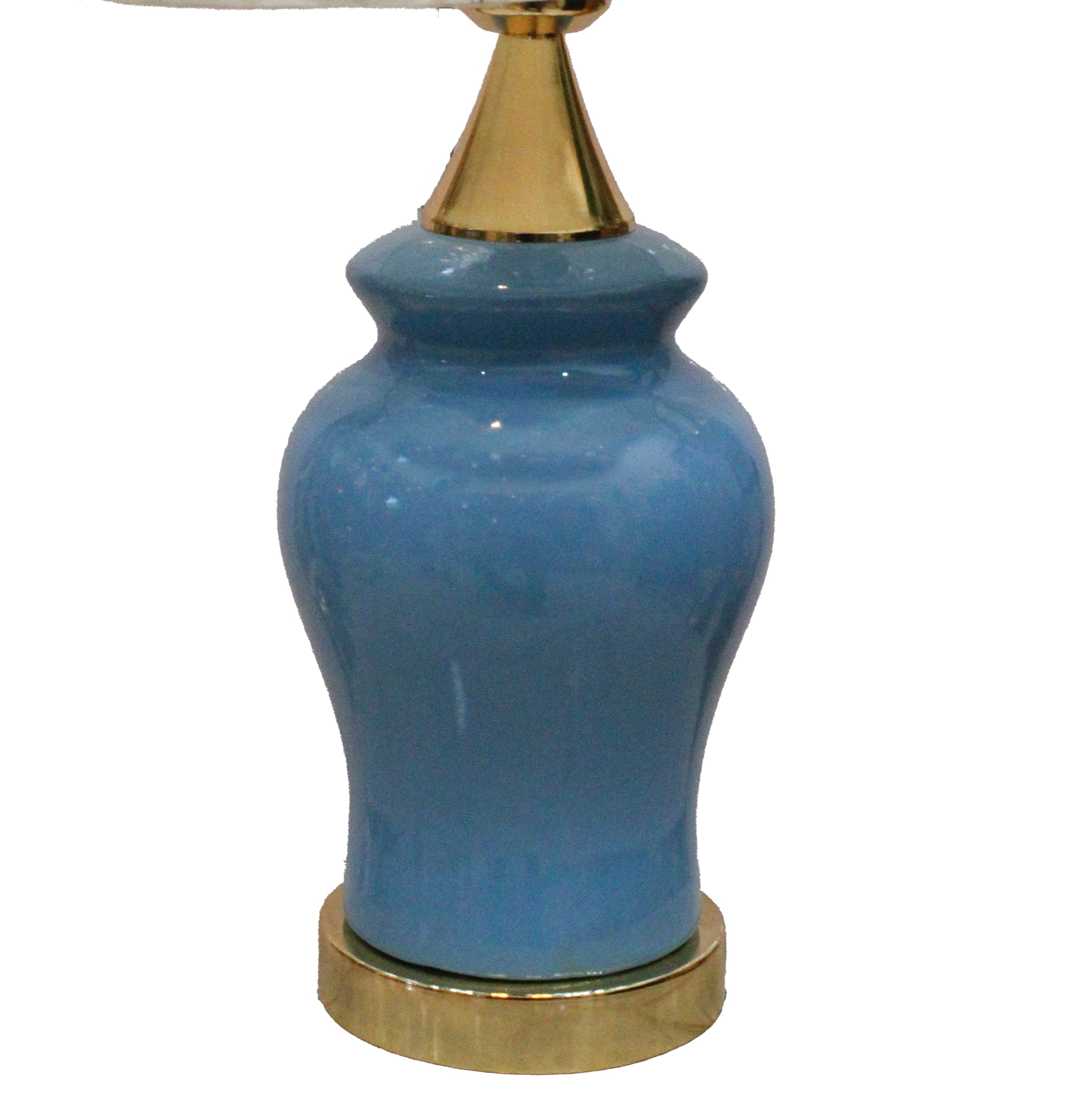 Mid-Century Modern Glazed Teal Blue Ceramic Lamp Base with Polished Gold Finial & Base (Pair)