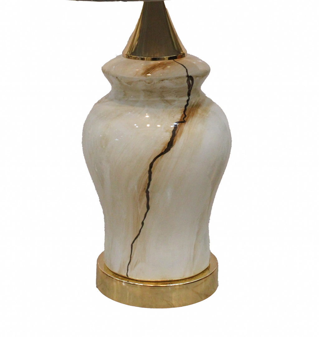 Artisan Marble-Look Ceramic Lamp Base with Vertical Brown Fissure and Gold Accents (Pair)