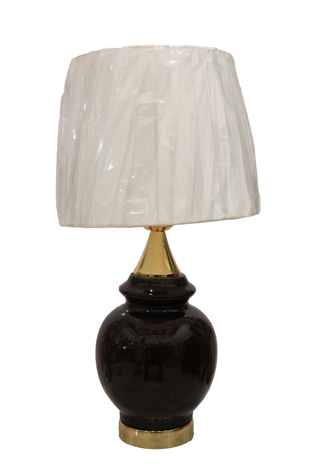 Classic Glossy Black Ceramic Ginger Jar Table Lamp with Brass Base and White Shade (Pair)