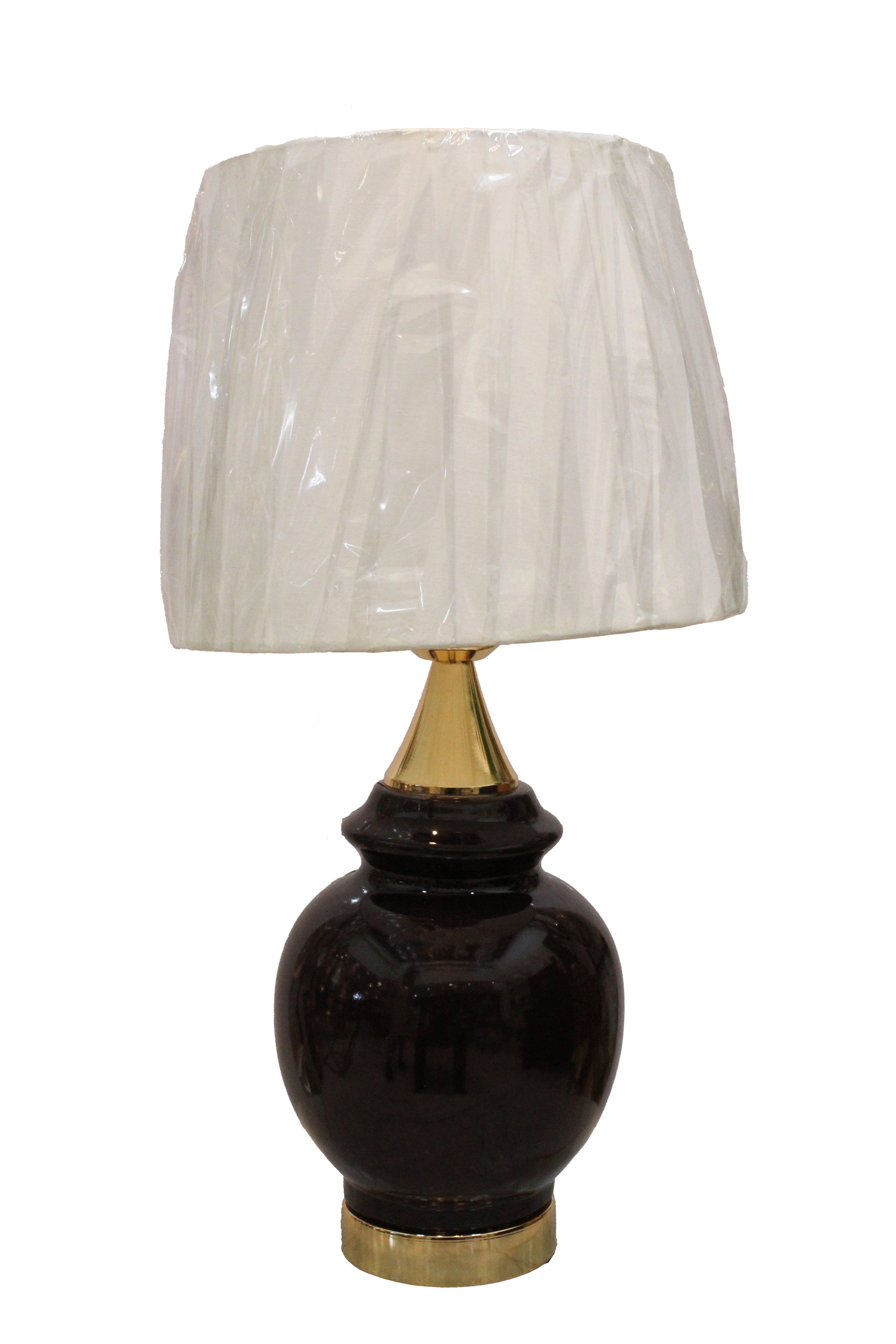 Classic Glossy Black Ceramic Ginger Jar Table Lamp with Brass Base and White Shade (Pair)