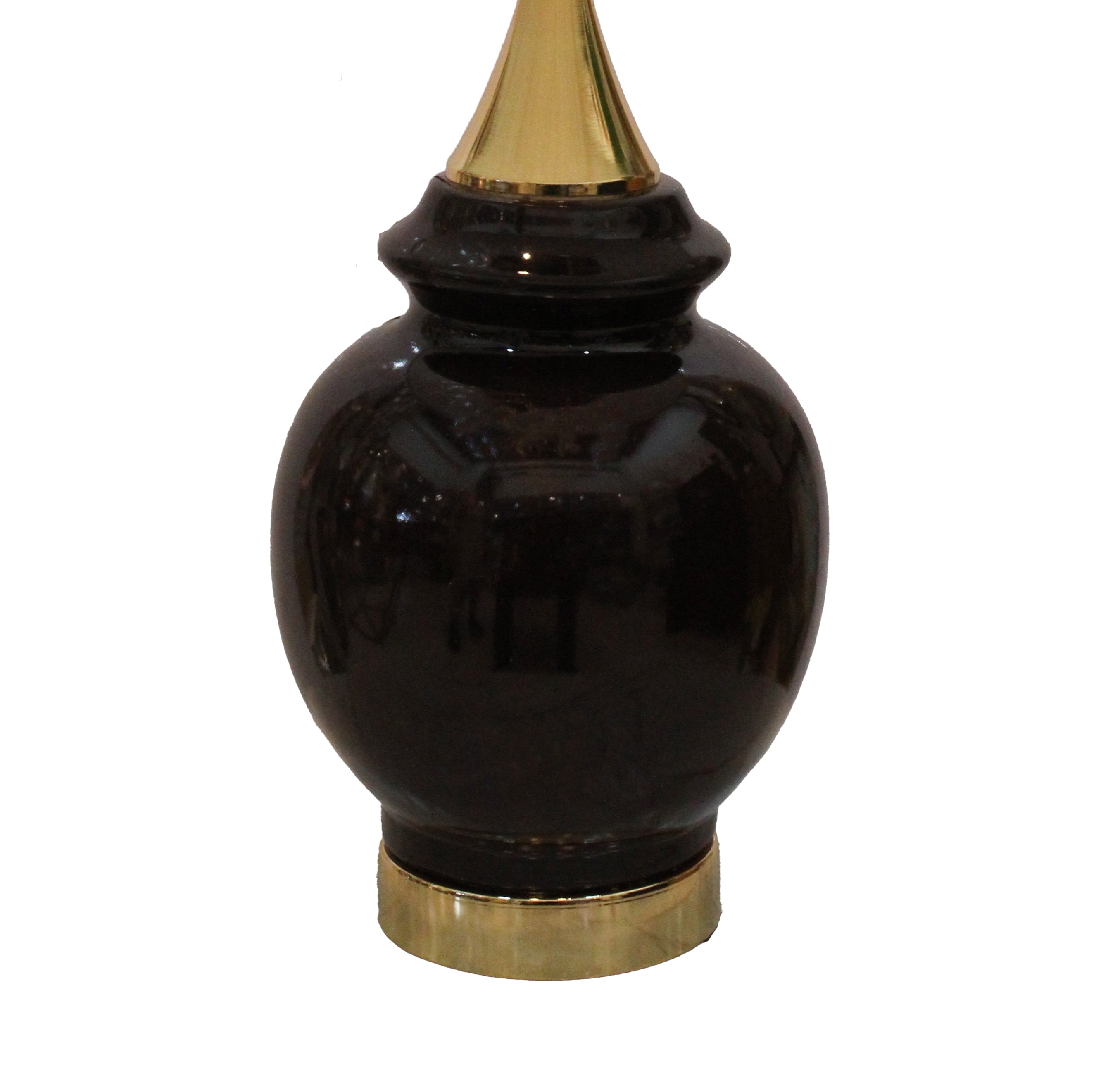 Classic Glossy Black Ceramic Ginger Jar Table Lamp with Brass Base and White Shade (Pair)
