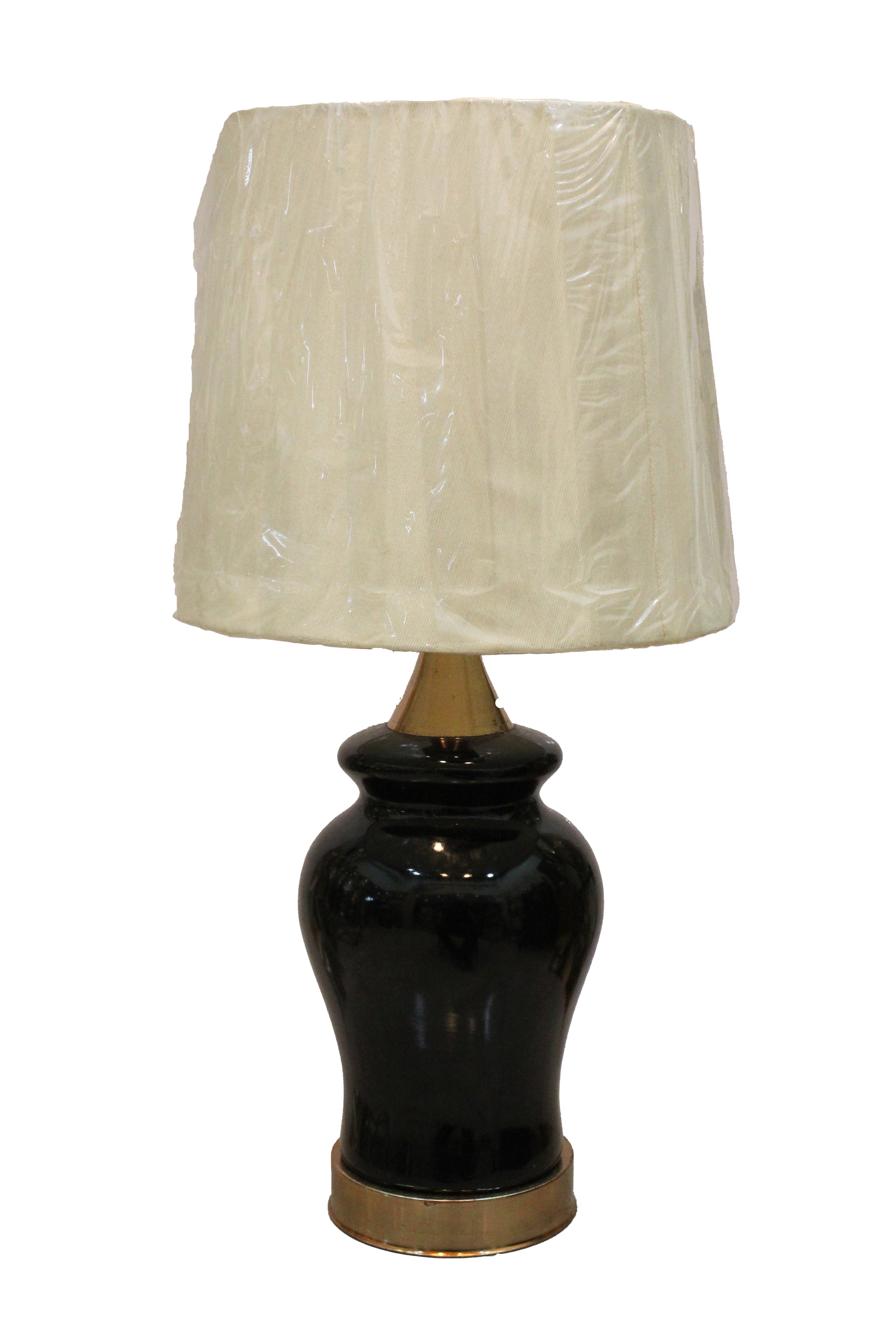 Elegant High-Gloss Black Ginger Jar Lamp with Polished Brass Plinth and Cream Shade (Pair)