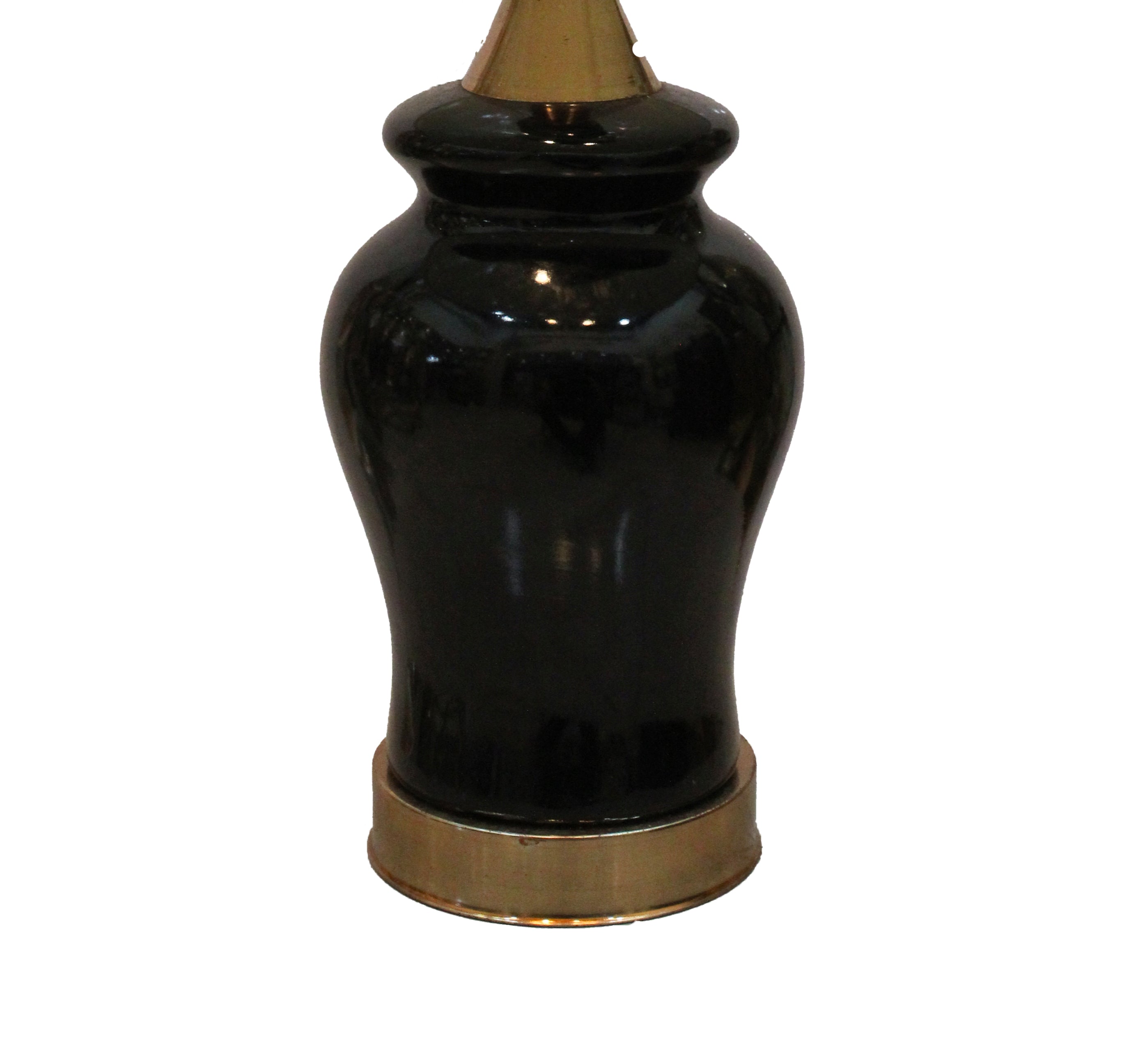 Elegant High-Gloss Black Ginger Jar Lamp with Polished Brass Plinth and Cream Shade (Pair)