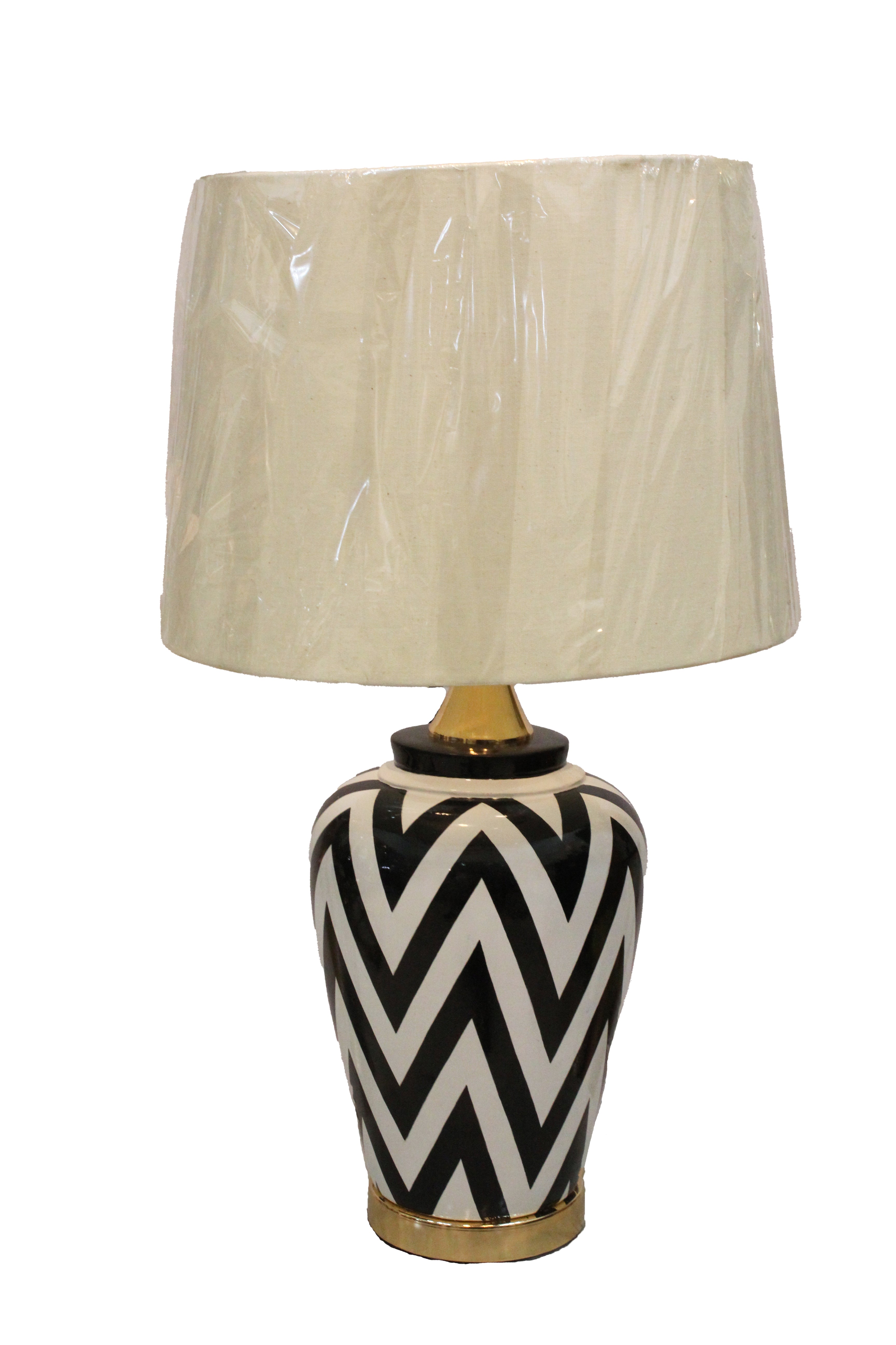 Hollywood Regency Black & White Chevron Stripe Urn Table Lamp Base with Polished Brass Accents (Pair)
