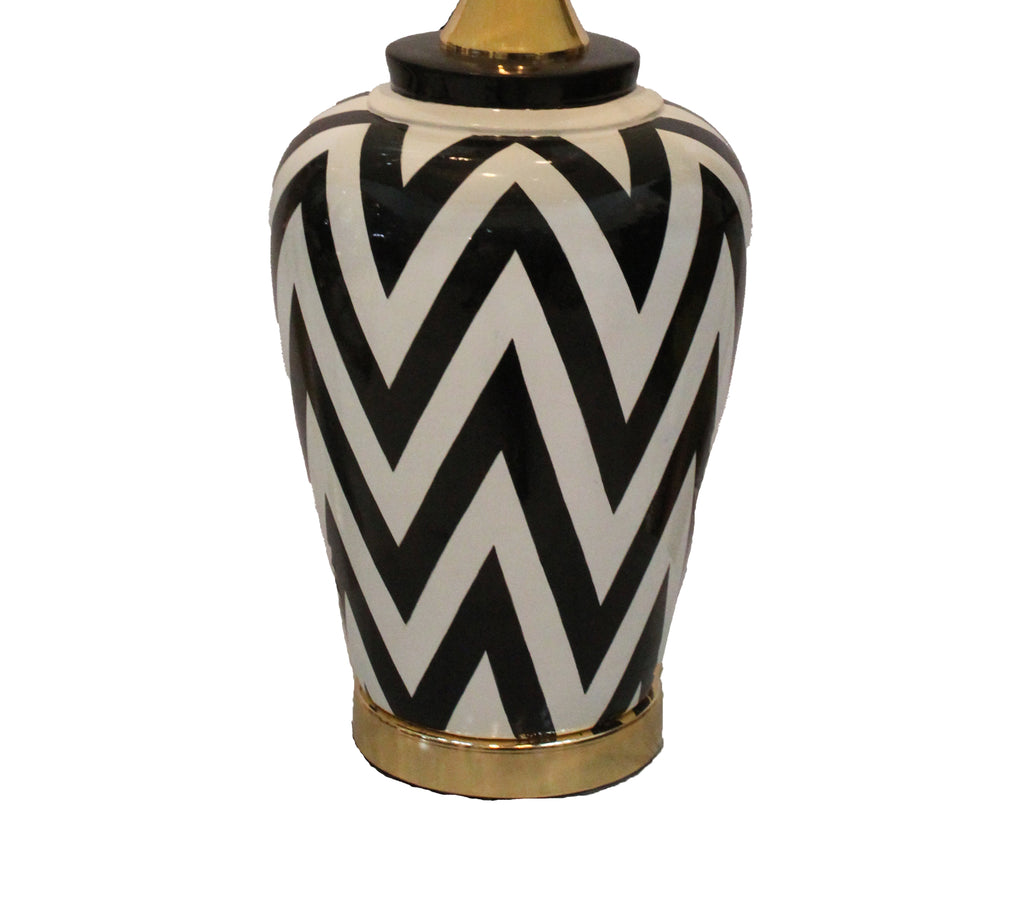 Hollywood Regency Black & White Chevron Stripe Urn Table Lamp Base with Polished Brass Accents (Pair)