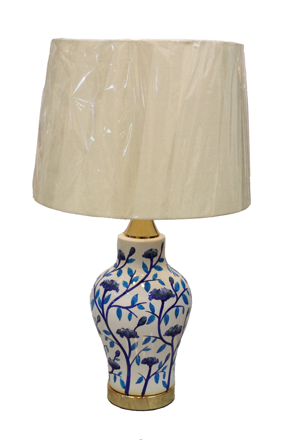 Hand-Painted Chinoiserie Floral Urn Table Lamp with Blue and White Design and Gold Base (Pair)