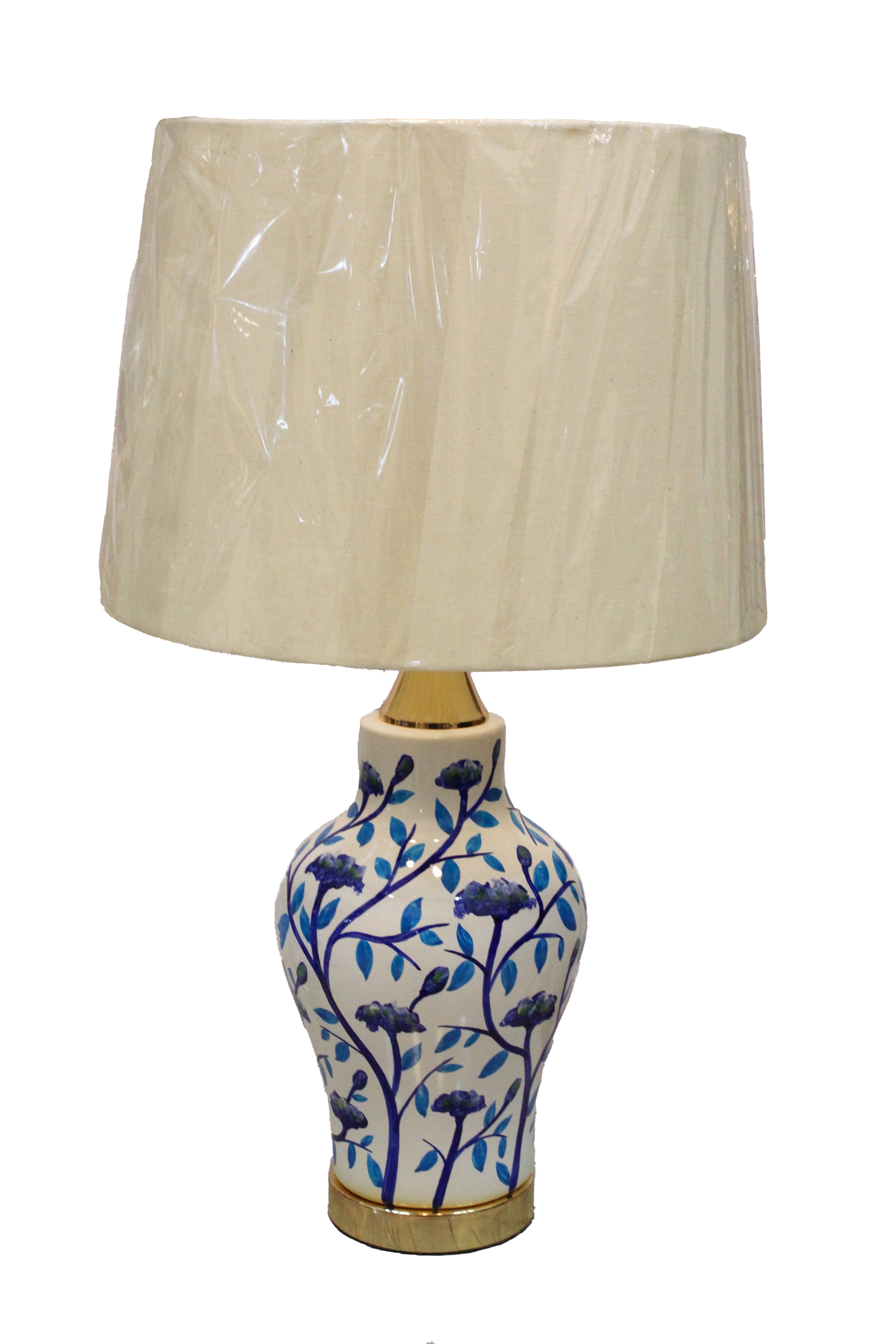 Hand-Painted Chinoiserie Floral Urn Table Lamp with Blue and White Design and Gold Base (Pair)