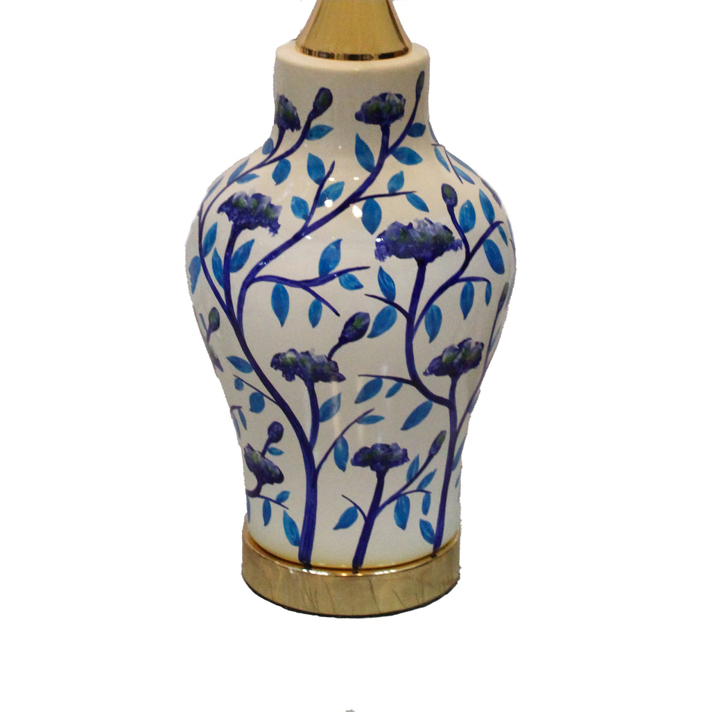 Hand-Painted Chinoiserie Floral Urn Table Lamp with Blue and White Design and Gold Base (Pair)