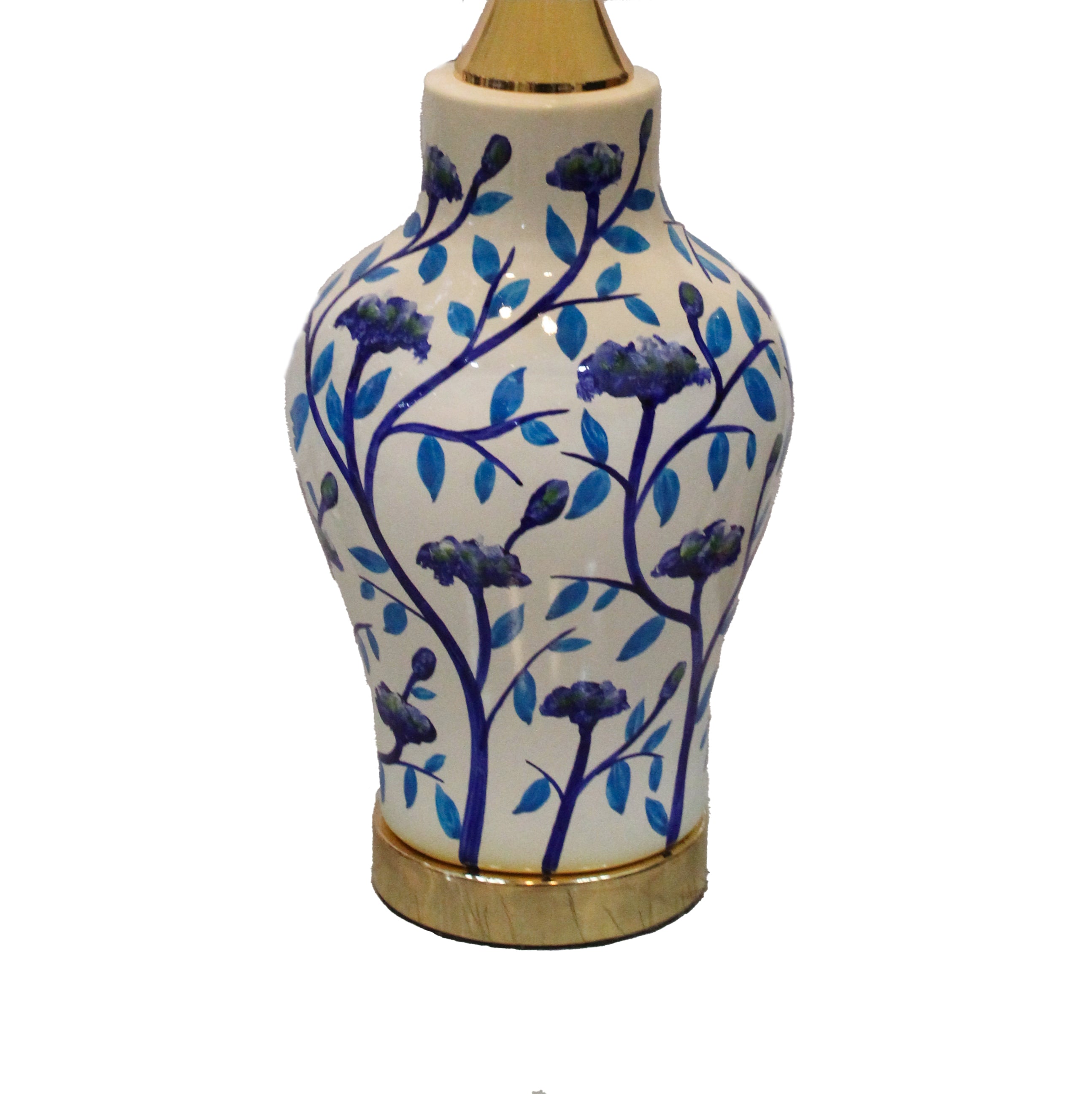 Hand-Painted Chinoiserie Floral Urn Table Lamp with Blue and White Design and Gold Base (Pair)