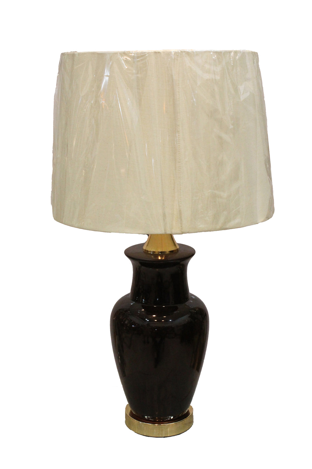 Tall, Sleek High-Gloss Black Porcelain Lamp Base with Polished Brass Accents (Pair)