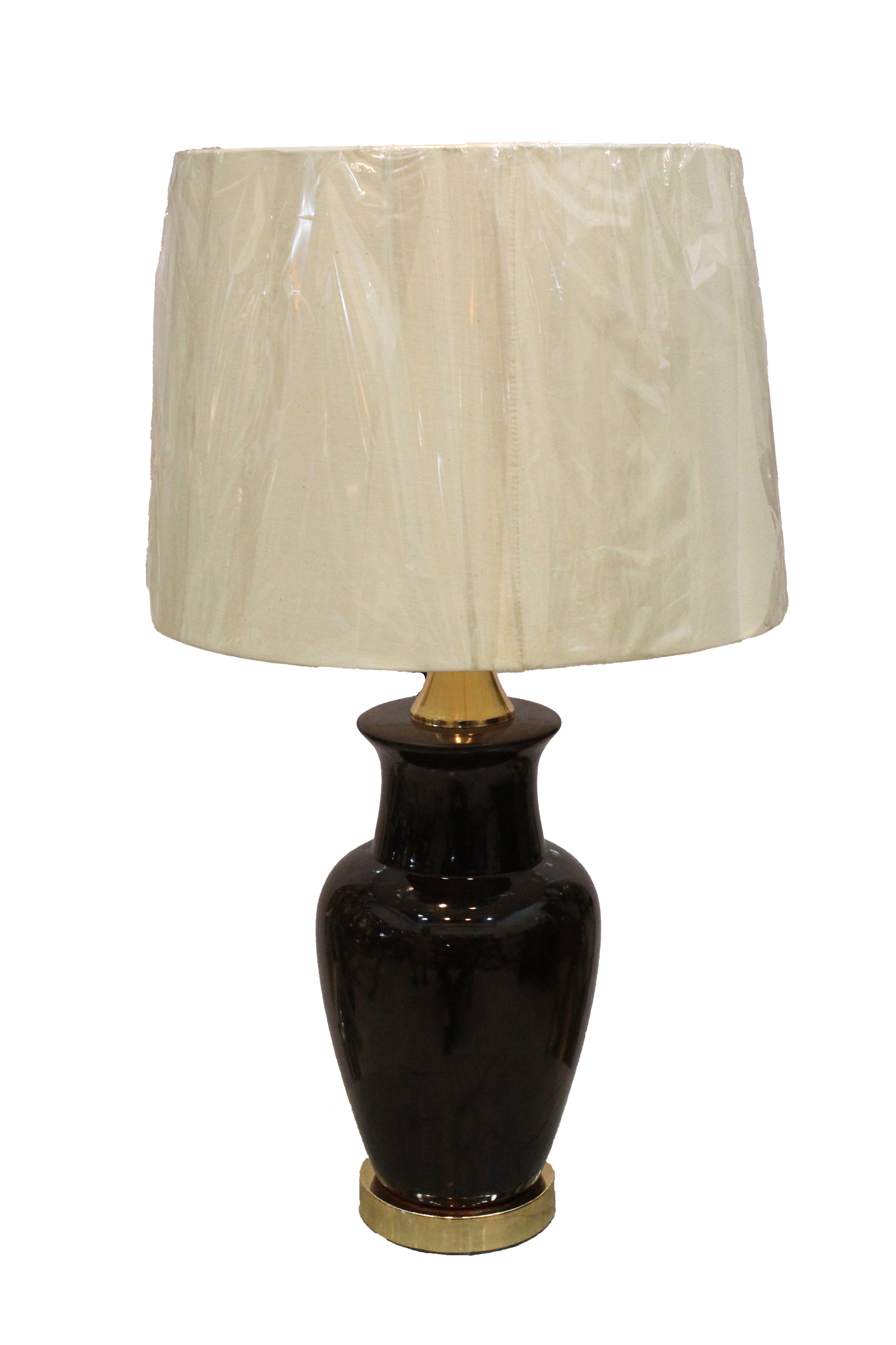 Tall, Sleek High-Gloss Black Porcelain Lamp Base with Polished Brass Accents (Pair)
